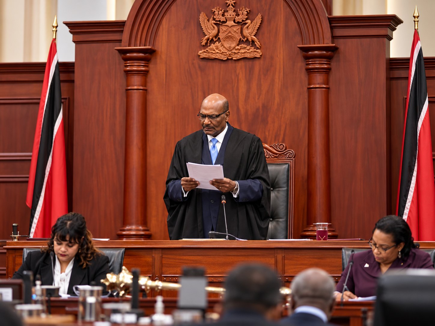 Illustration: the President of the Senate standing at the presiding chair in a wood-panelled chamber, reading a paper, flanked by Trinidad and Tobago flags