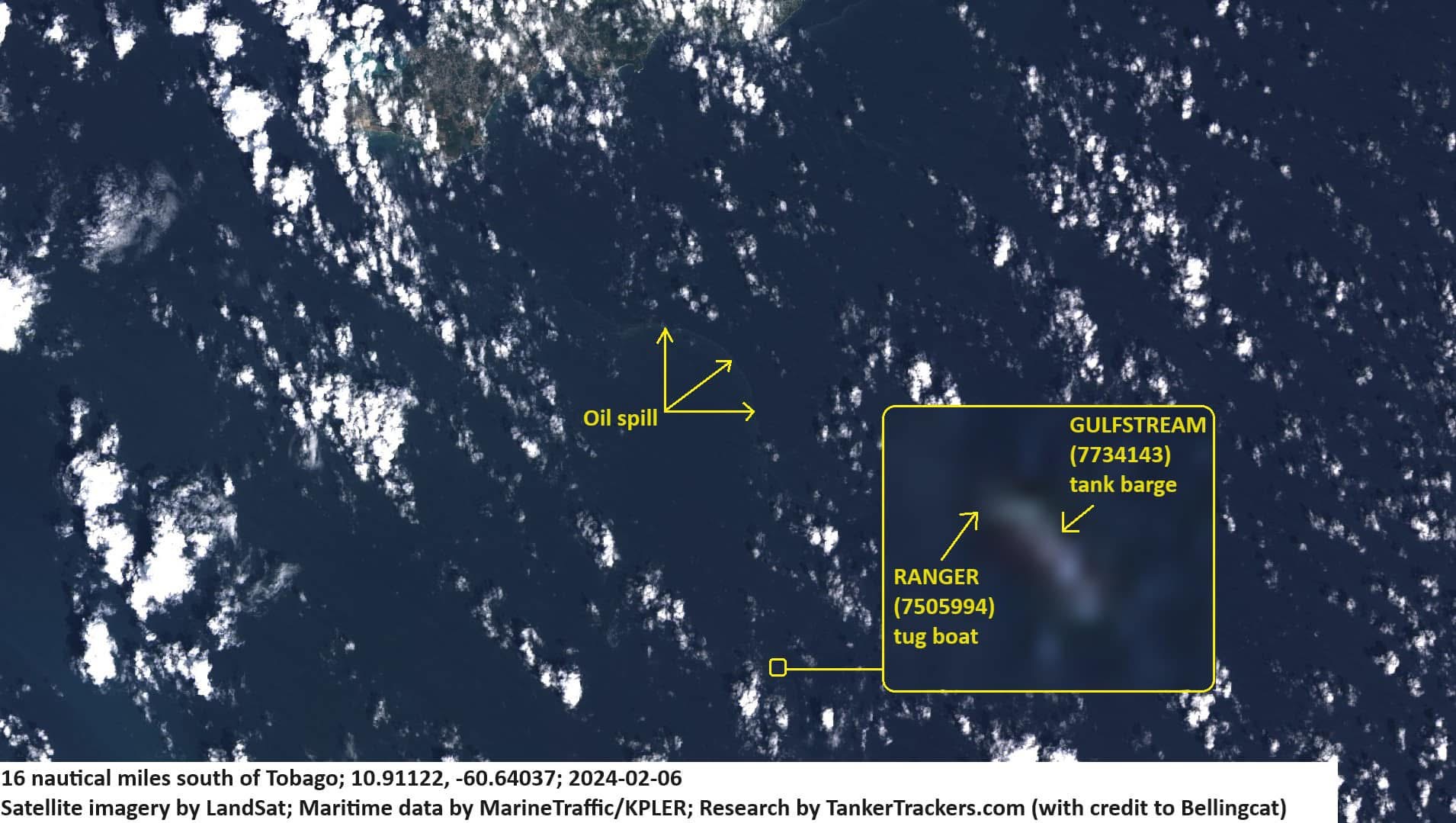 Annotated satellite image showing the Gulfstream tug-and-barge combination and an apparent oil slick south of Tobago