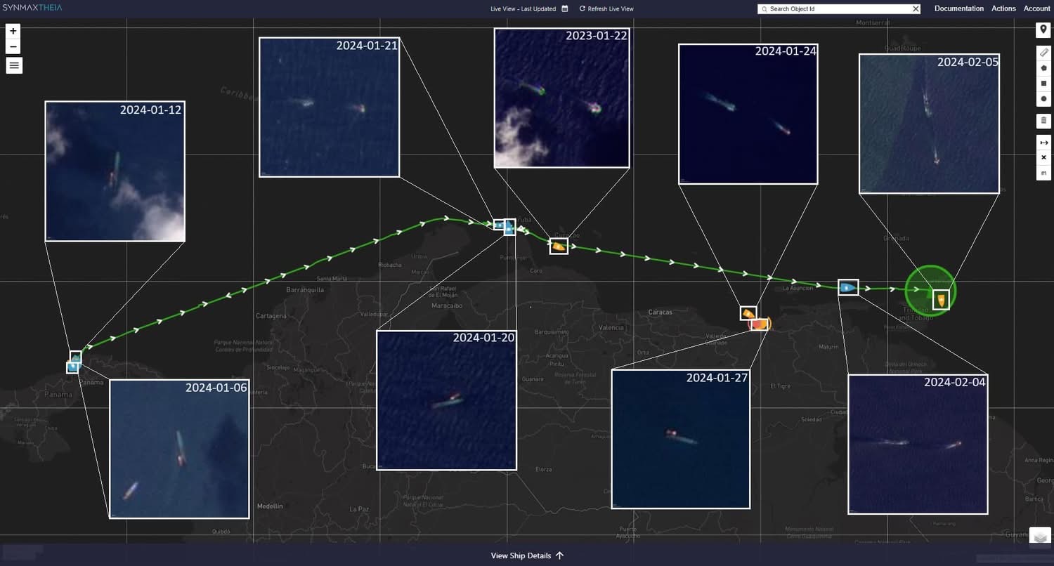Satellite voyage sequence showing observations between Panama, Aruba, Venezuela and Tobago