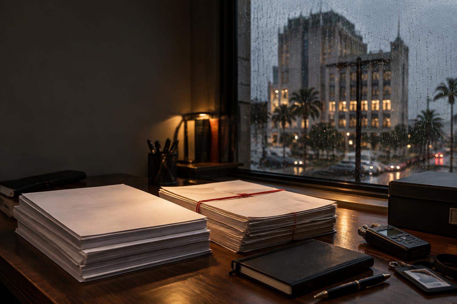 Court papers, reporter's notebook and recorder overlooking the Hall of Justice in Port of Spain